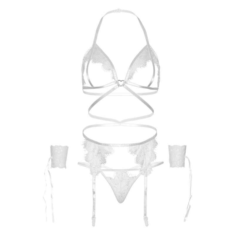 LEG AVENUE - SET QUATTRO PEZZI REGGISENO, G-STRING, REGGISTREE E POLSINI TAGLIA UNICA - BIANCO – Babydoll con reggicalze – foto 5