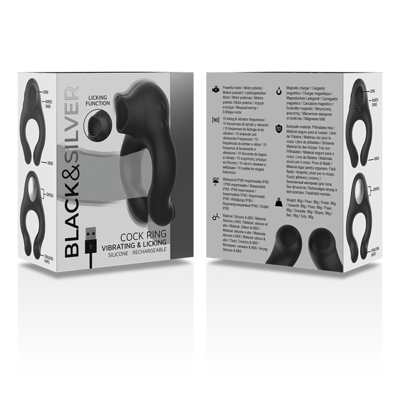BLACK&SILVER - ANELLO VIBRATORE IN SILICONE 3 MOTORI RICARICABILE NERO – Mini vibratori – foto 7