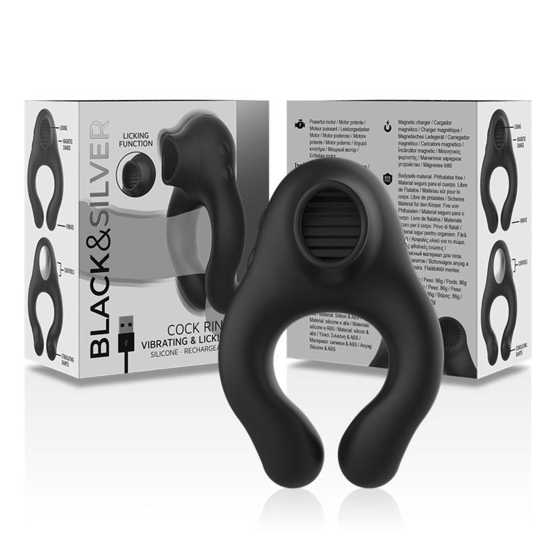 BLACK&SILVER - ANELLO VIBRATORE IN SILICONE 3 MOTORI RICARICABILE NERO – Mini vibratori – foto 6