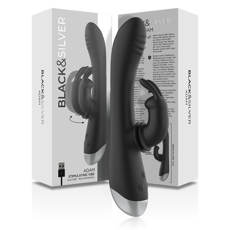 BLACK&SILVER - DJ. STIMOLATORE CONIGLIO IN SILICONE RICARICABILE ADAM NERO – Vibratori di coniglio – foto 9