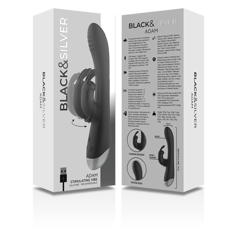 BLACK&SILVER - DJ. STIMOLATORE CONIGLIO IN SILICONE RICARICABILE ADAM NERO – Vibratori di coniglio – foto 10
