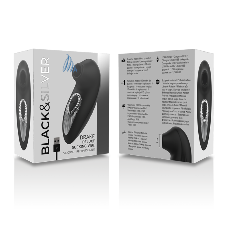 BLACK&SILVER - DRAKE DELUXE SUCKING VIBE RICARICABILE IN SILICONE NERO – Mini vibratori – foto 6