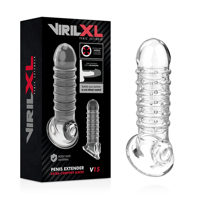 VIRILXL - ESTENSIONE E GUAINA PER PENE V15 TRASPARENTE – Copri pene con estensione – foto 2