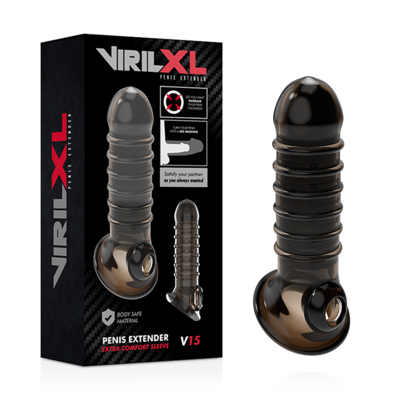 VIRILXL - ESTENSIONE E GUAINA PER PENE V15 NERO – Copri pene con estensione – foto 2