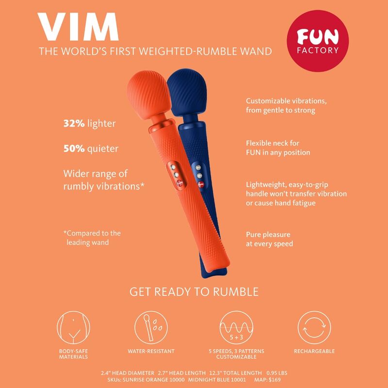 FUN FACTORY - BACCHETTA RUMBLE PESATA VIBRANTE RICARICABILE IN SILICONE VIM BLU NOTTE – Vibratore WAND – foto 6