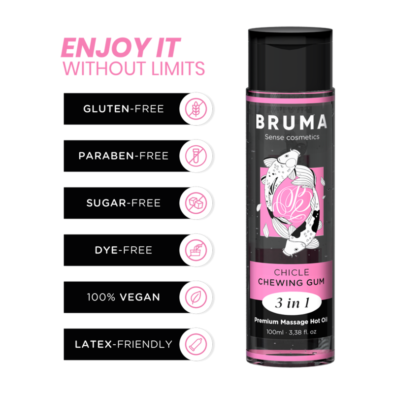 BRUMA - OLIO DA MASSAGGIO PREMIUM EFFETTO CALORE SAPORE GOMMA 3 IN 1 - 100 ML – Con effetto termico