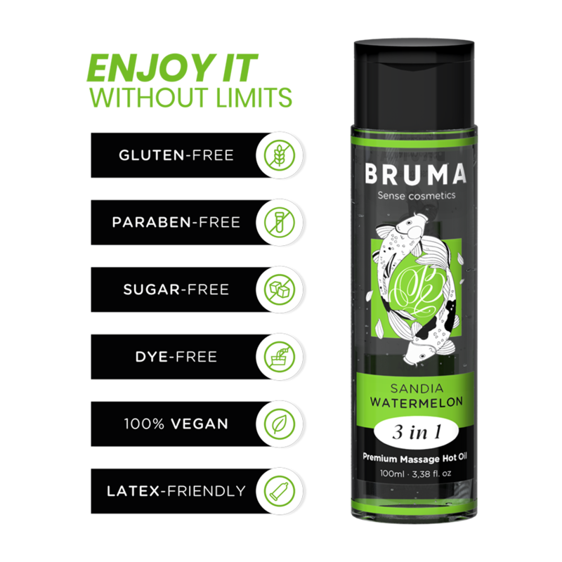 BRUMA - OLIO DA MASSAGGIO PREMIUM EFFETTO CALORE SAPORE ANGURIA 3 IN 1 - 100 ML – Con effetto termico