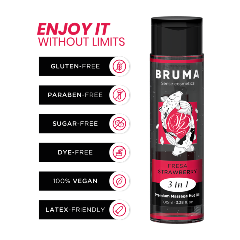 BRUMA - OLIO DA MASSAGGIO PREMIUM EFFETTO CALORE SAPORE FRAGOLA 3 IN 1 - 100 ML – Con effetto termico