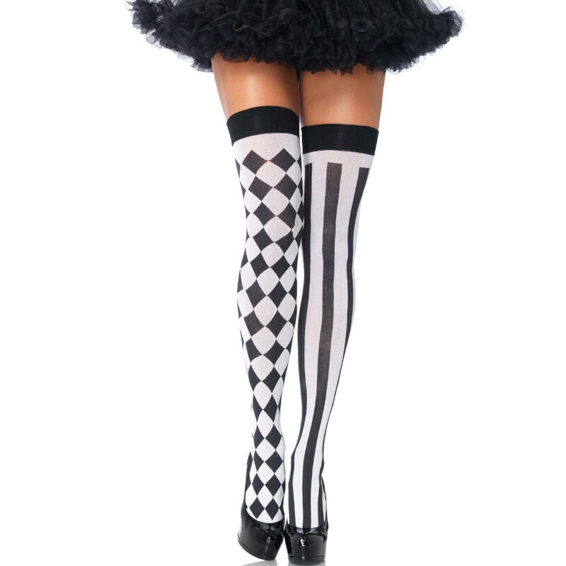 LEG AVENUE - CALZINI ALTI ARLECCHINO BIANCO/NERO – Calzini