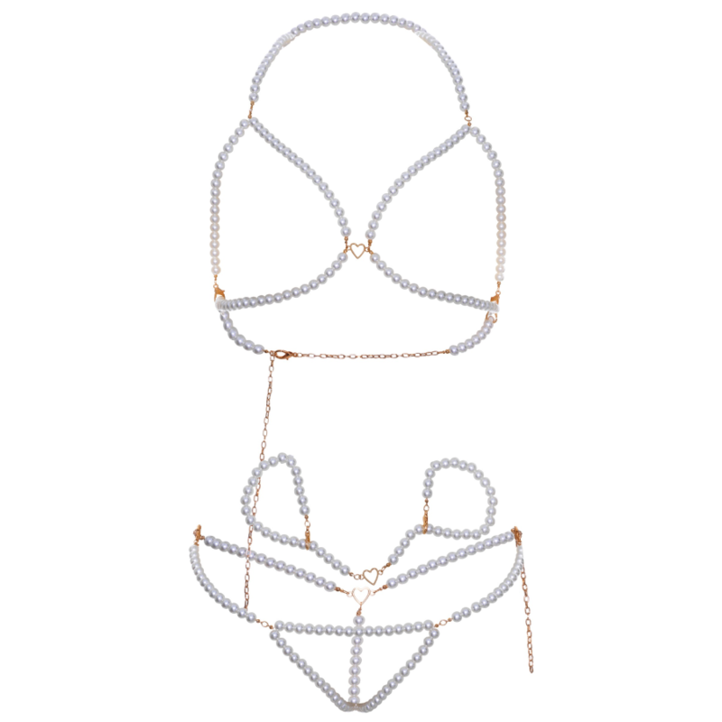 LEG AVENUE - SET POLSINI REGGISENO E PERIZOMA CON PERLE – Insieme sexy della biancheria – foto 5