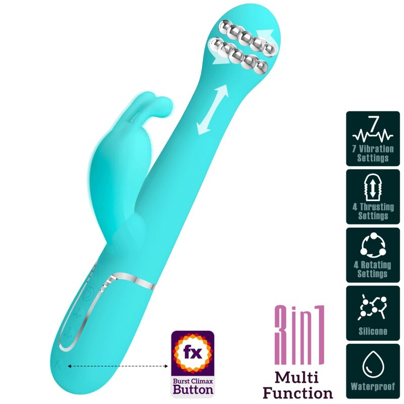 PRETTY LOVE - VIBRATORE DEJON RABBIT 3 IN 1 MULTIFUNZIONE VERDE ACQUA – Vibratori di coniglio – foto 10