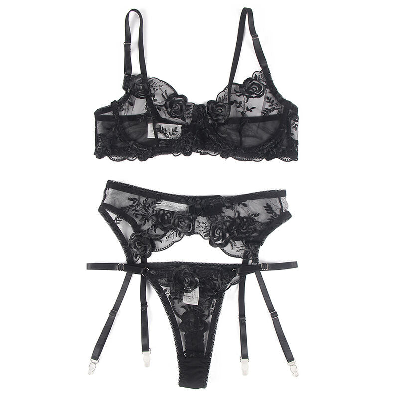 SUBBLIME - SET 3 PEZZI REGGISENO + PERIZOMA + GIARRETTIERA STAMPA FLOREALE NERO S/M – Babydoll con reggicalze – foto 5
