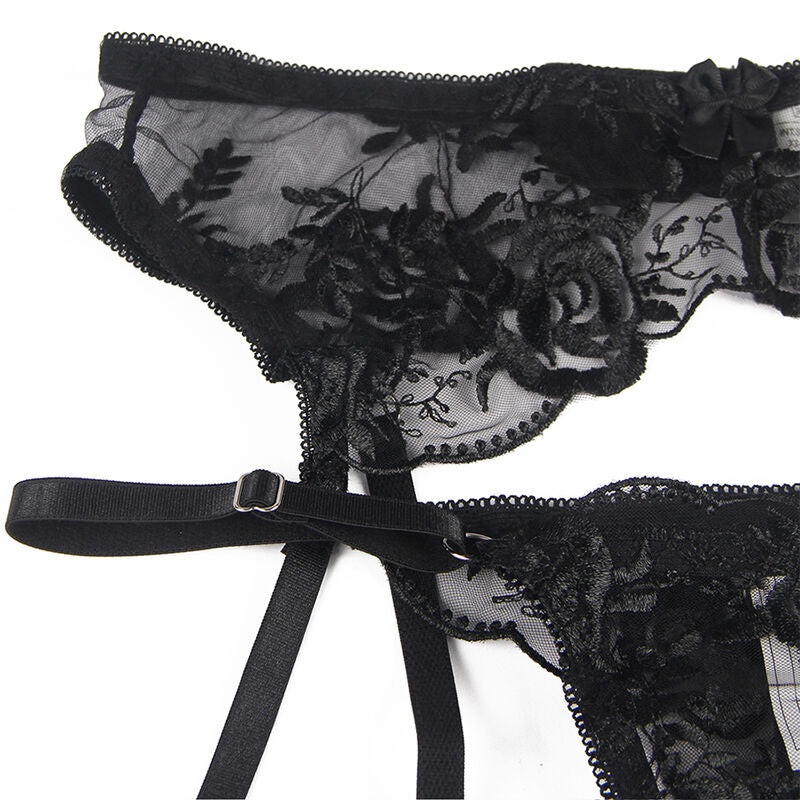 SUBBLIME - SET 3 PEZZI REGGISENO + PERIZOMA + GIARRETTIERA STAMPA FLOREALE NERO S/M – Babydoll con reggicalze – foto 9