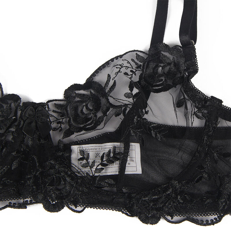 SUBBLIME - SET 3 PEZZI REGGISENO + PERIZOMA + GIARRETTIERA STAMPA FLOREALE NERO S/M – Babydoll con reggicalze – foto 10