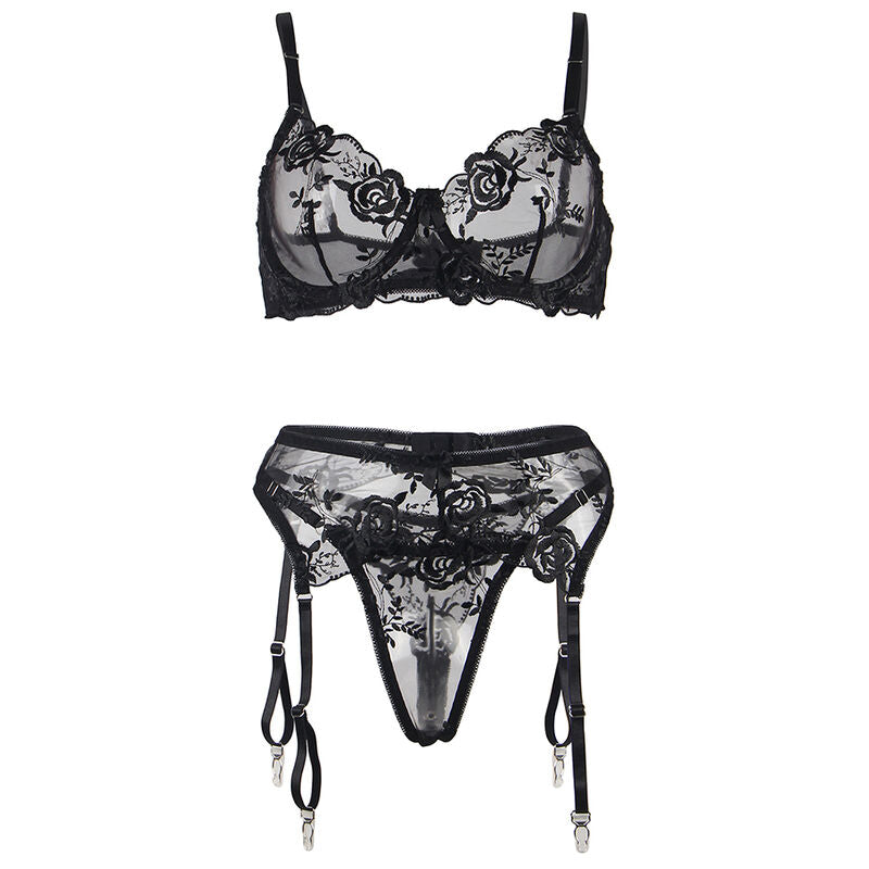 SUBBLIME - SET 3 PEZZI REGGISENO + PERIZOMA + GIARRETTIERA STAMPA FLOREALE NERO S/M – Babydoll con reggicalze – foto 6