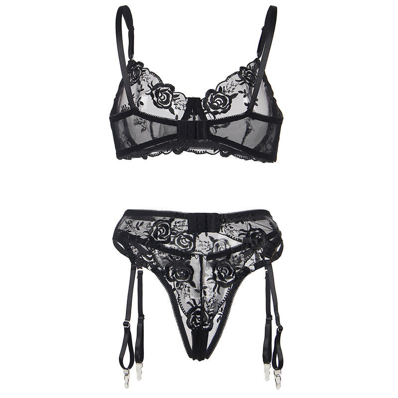 SUBBLIME - SET 3 PEZZI REGGISENO + PERIZOMA + GIARRETTIERA STAMPA FLOREALE NERO S/M – Babydoll con reggicalze – foto 7