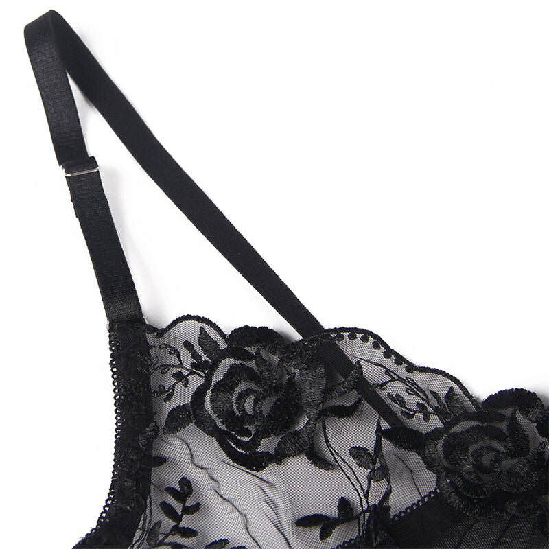 SUBBLIME - SET 3 PEZZI REGGISENO + PERIZOMA + GIARRETTIERA STAMPA FLOREALE NERO L/XL – Babydoll con reggicalze – foto 11