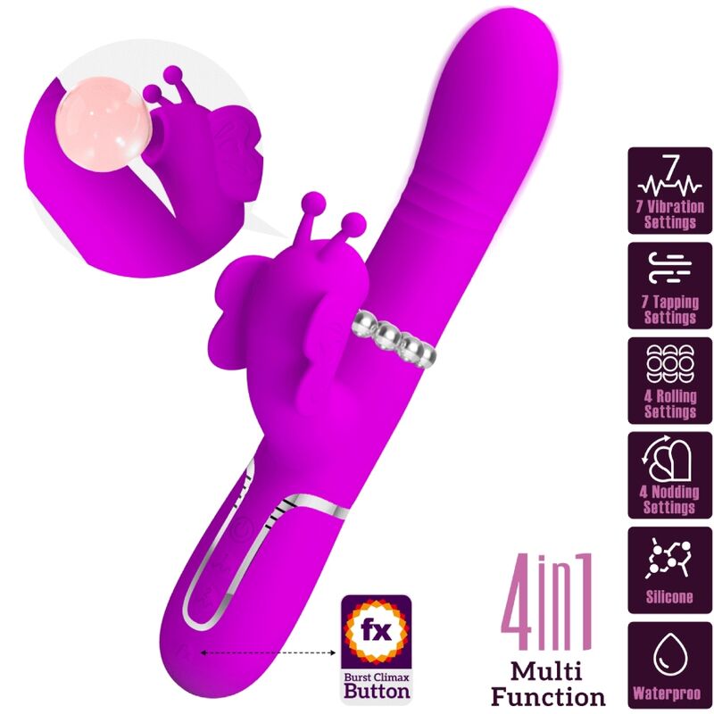 PRETTY LOVE - VIBRATORE MULTIFUNZIONE RABBIT 4 IN 1 FARFALLA FUCSIA – Vibratori di coniglio – foto 10
