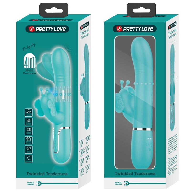 PRETTY LOVE - VIBRATORE MULTIFUNZIONE RABBIT 4 IN 1 FARFALLA VERDE ACQUA – Vibratori di coniglio – foto 11