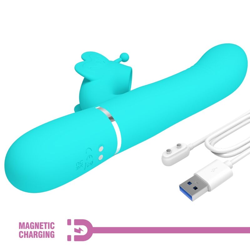 PRETTY LOVE - VIBRATORE MULTIFUNZIONE RABBIT 4 IN 1 FARFALLA VERDE ACQUA – Vibratori di coniglio – foto 9