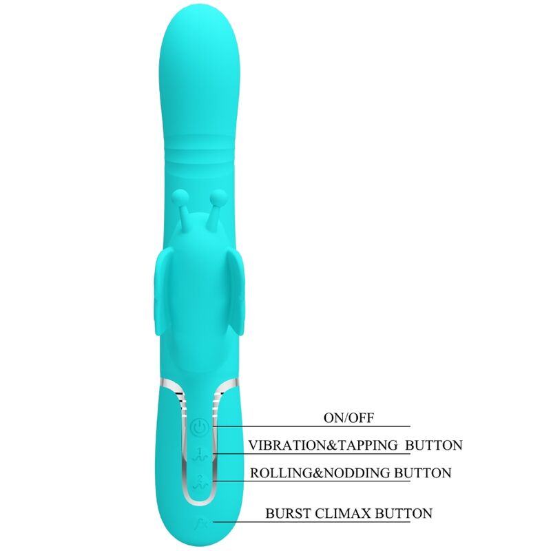 PRETTY LOVE - VIBRATORE MULTIFUNZIONE RABBIT 4 IN 1 FARFALLA VERDE ACQUA – Vibratori di coniglio – foto 8