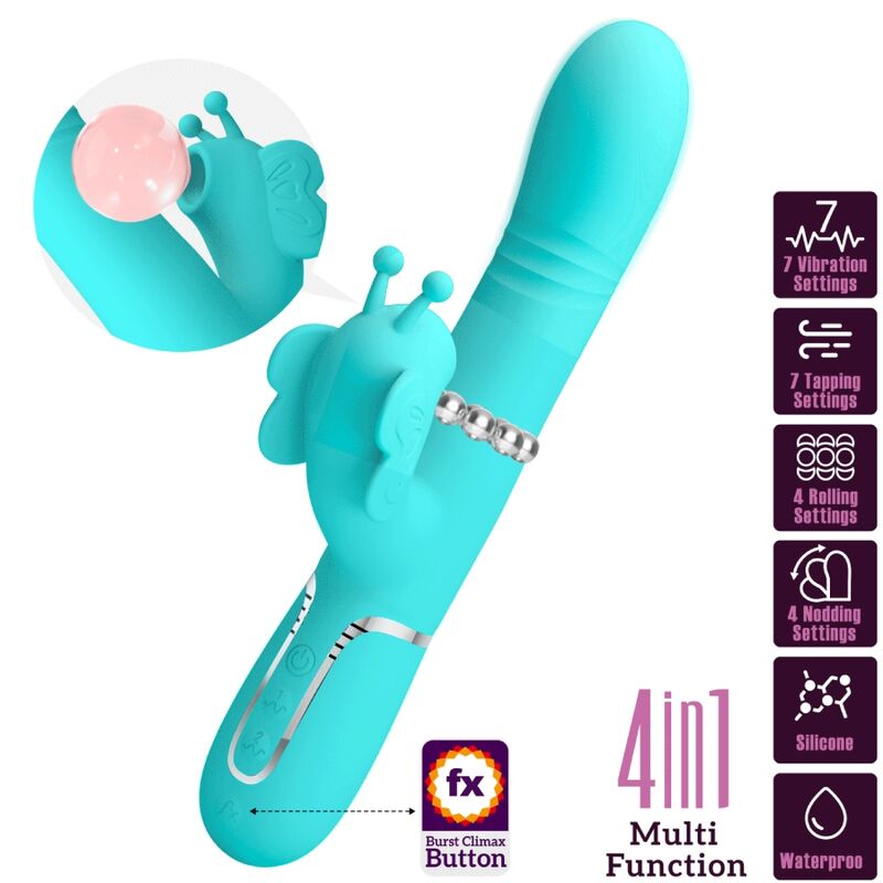 PRETTY LOVE - VIBRATORE MULTIFUNZIONE RABBIT 4 IN 1 FARFALLA VERDE ACQUA – Vibratori di coniglio – foto 10