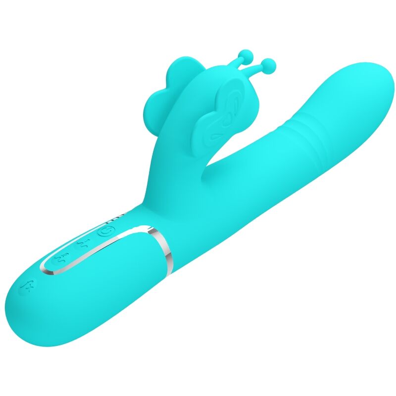 PRETTY LOVE - VIBRATORE MULTIFUNZIONE RABBIT 4 IN 1 FARFALLA VERDE ACQUA – Vibratori di coniglio – foto 3