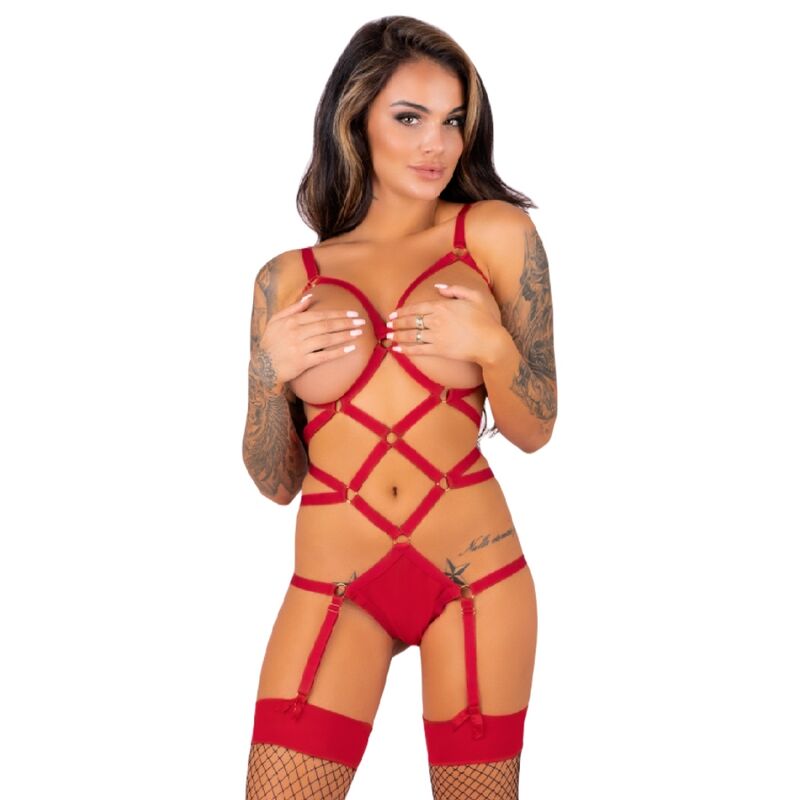 LIVCO CORSETTI FASHION - THIARA LC 20213 SET BODY + CALZE ROSSO S/M – Babydoll con reggicalze