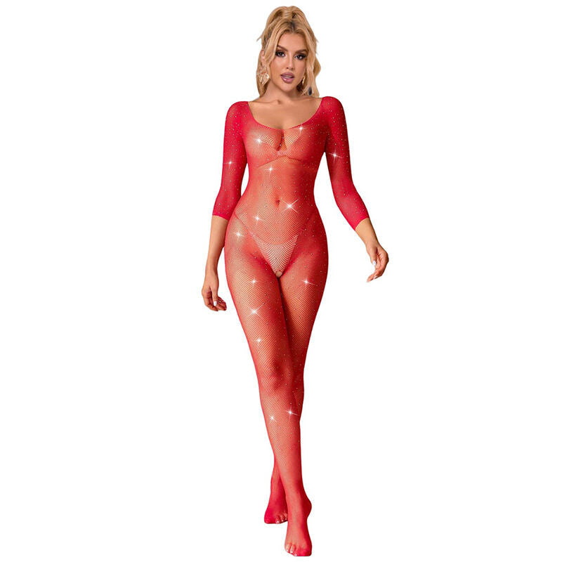 SUBBLIME - 952419 BODYSTOCKING A RETE CON STRASS MANICA LUNGA ROSSO XS/M – Bodystocking