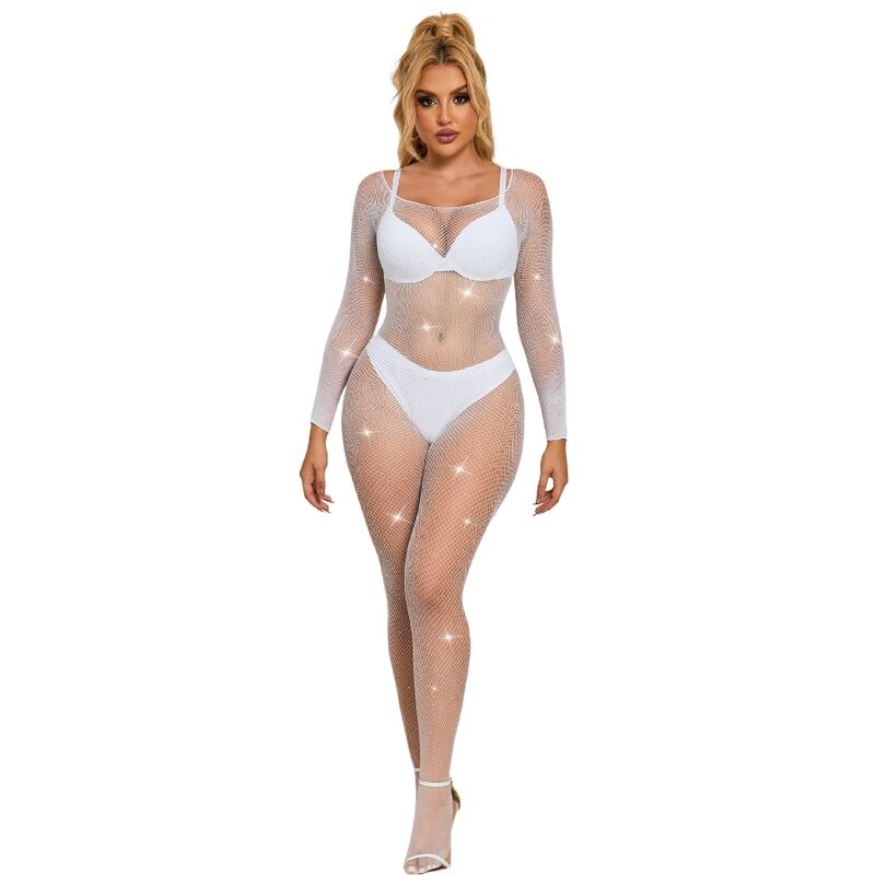 SUBBLIME - 952396 BODYSTOCKING A RETE CON STRASS MANICA LUNGA BIANCO TAGLIA UNICA – Bodystocking
