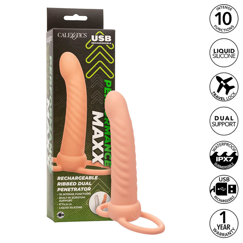CALEXOTICS - MAXX RIBBED DUAL PENETRATOR 10 VIBRAZIONI CARNE – Doppie imbracature – foto 2