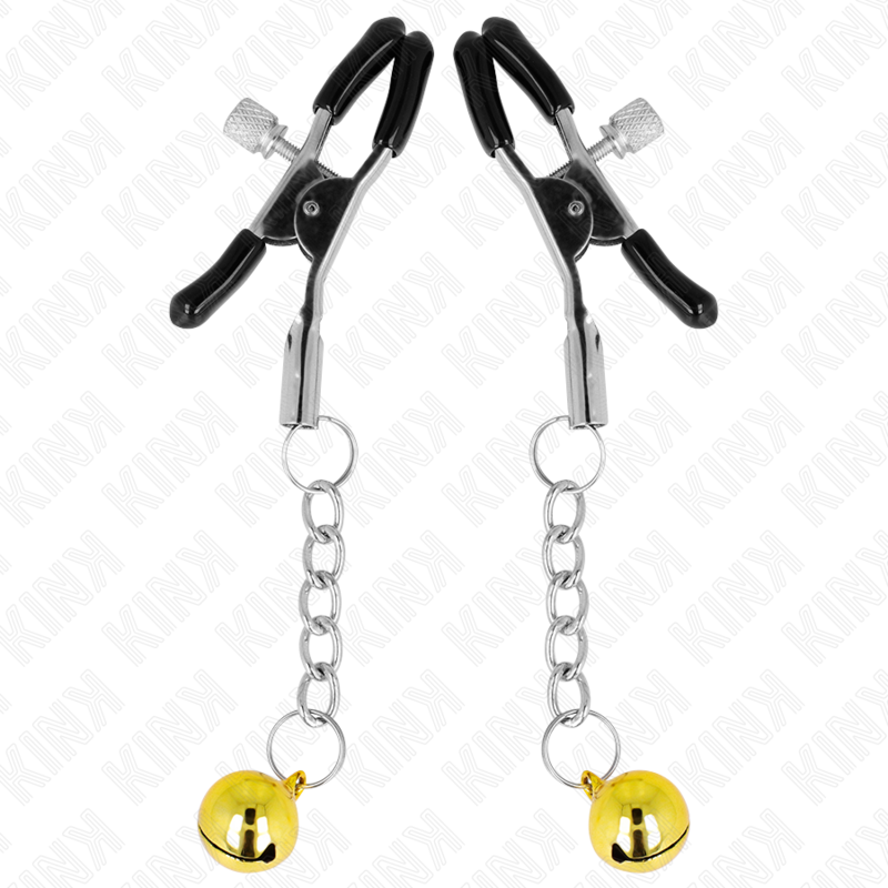 KINK - MORSETTI PER CAPEZZOLI CON PENDENTE JINGLE BELL ORO 6 CM – Morsetti per capezzoli per sadomasochismo – foto 2