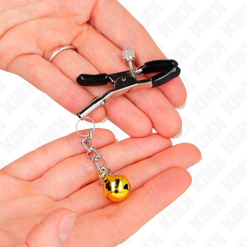KINK - MORSETTI PER CAPEZZOLI CON PENDENTE JINGLE BELL ORO 6 CM – Morsetti per capezzoli per sadomasochismo – foto 3