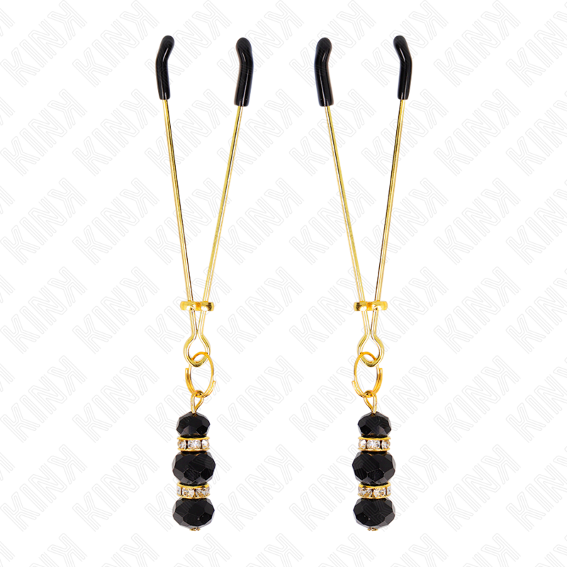 KINK - PINZE PER CAPEZZOLI SOTTILI ORO CON 3 PERLINE DI VETRO NERE 7 CM – Morsetti per capezzoli per sadomasochismo – foto 2