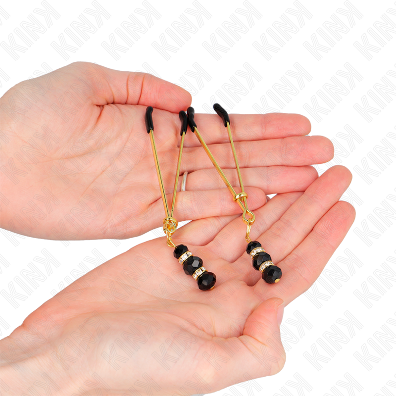 KINK - PINZE PER CAPEZZOLI SOTTILI ORO CON 3 PERLINE DI VETRO NERE 7 CM – Morsetti per capezzoli per sadomasochismo – foto 3