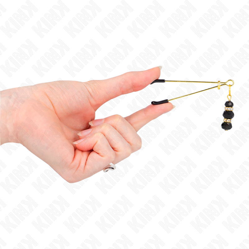 KINK - PINZE PER CAPEZZOLI SOTTILI ORO CON 3 PERLINE DI VETRO NERE 7 CM – Morsetti per capezzoli per sadomasochismo – foto 4