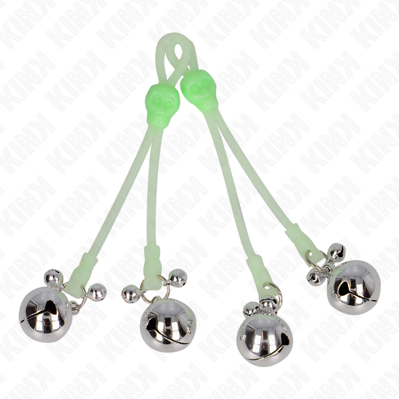 KINK - PINZE PER CAPEZZOLI TESCHIO LUMINOSO CON ANELLO CAMPANE REGOLABILI VERDE/ARGENTO – Morsetti per capezzoli per sadomasochismo – foto 2