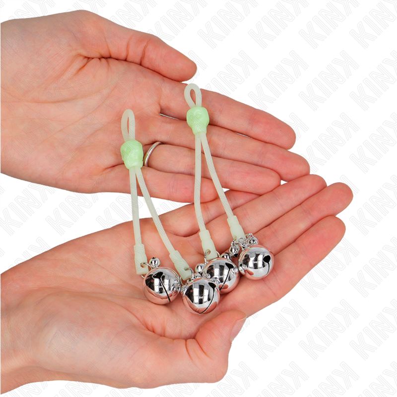 KINK - PINZE PER CAPEZZOLI TESCHIO LUMINOSO CON ANELLO CAMPANE REGOLABILI VERDE/ARGENTO – Morsetti per capezzoli per sadomasochismo – foto 3