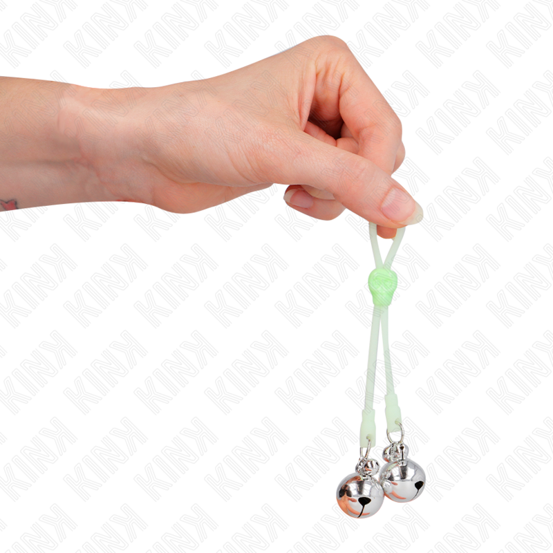 KINK - PINZE PER CAPEZZOLI TESCHIO LUMINOSO CON ANELLO CAMPANE REGOLABILI VERDE/ARGENTO – Morsetti per capezzoli per sadomasochismo – foto 4