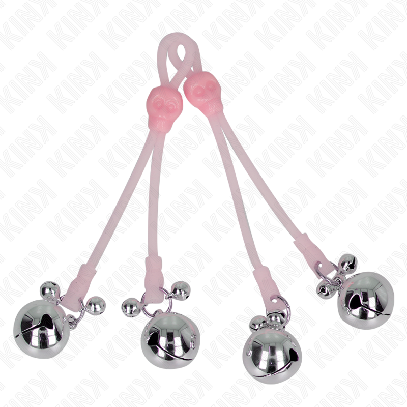 KINK - PINZE PER CAPEZZOLI TESCHIO LUMINOSO CON ANELLO CAMPANELLI REGOLABILI ROSA/ARGENTO – Morsetti per capezzoli per sadomasochismo – foto 2