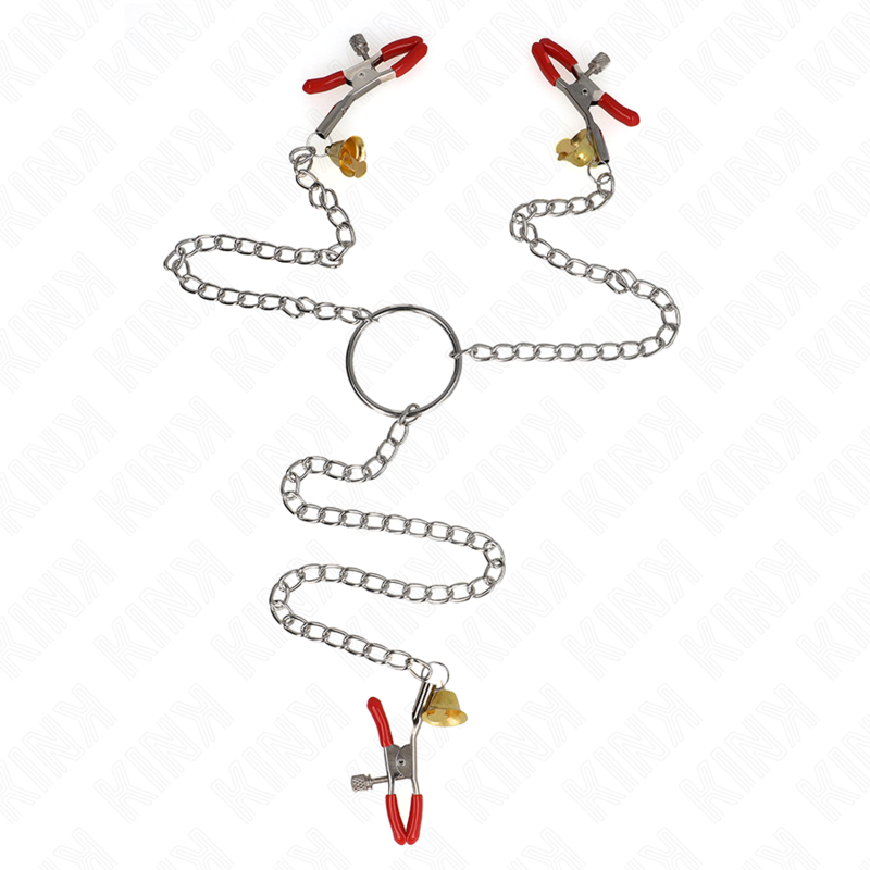 KINK - MORSETTI PER CAPEZZOLI TRIPLI E CLIT ROSSO CON CATENA 30 CM – Morsetti per capezzoli per sadomasochismo