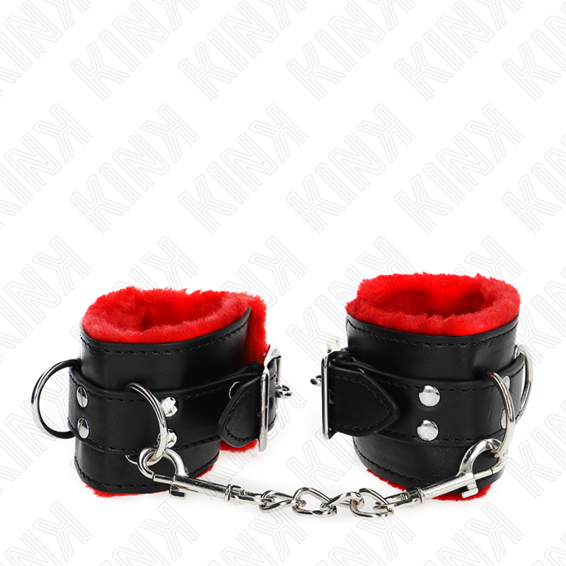 KINK - POLSINI IMBOTTITI IN PELLICCIA CON FORI QUADRI CINTURA ROSSA E NERA REGOLABILE 17-29 CM X 6 CM – Sistemare le manette – foto 3