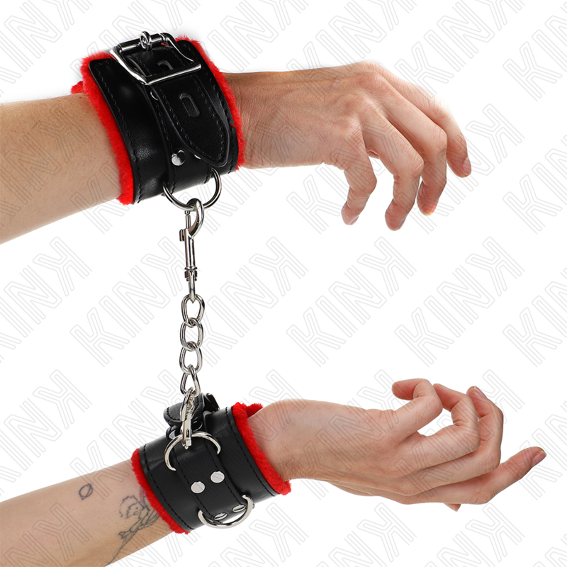 KINK - POLSINI IMBOTTITI IN PELLICCIA CON FORI QUADRI CINTURA ROSSA E NERA REGOLABILE 17-29 CM X 6 CM – Sistemare le manette