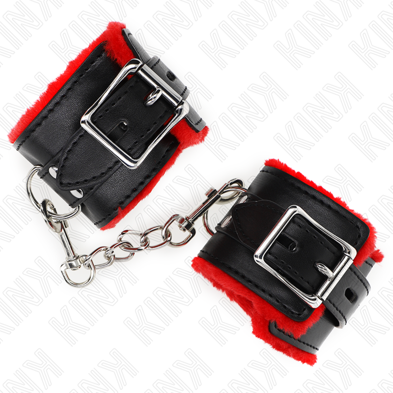 KINK - POLSINI IMBOTTITI IN PELLICCIA CON FORI QUADRI CINTURA ROSSA E NERA REGOLABILE 17-29 CM X 6 CM – Sistemare le manette – foto 4