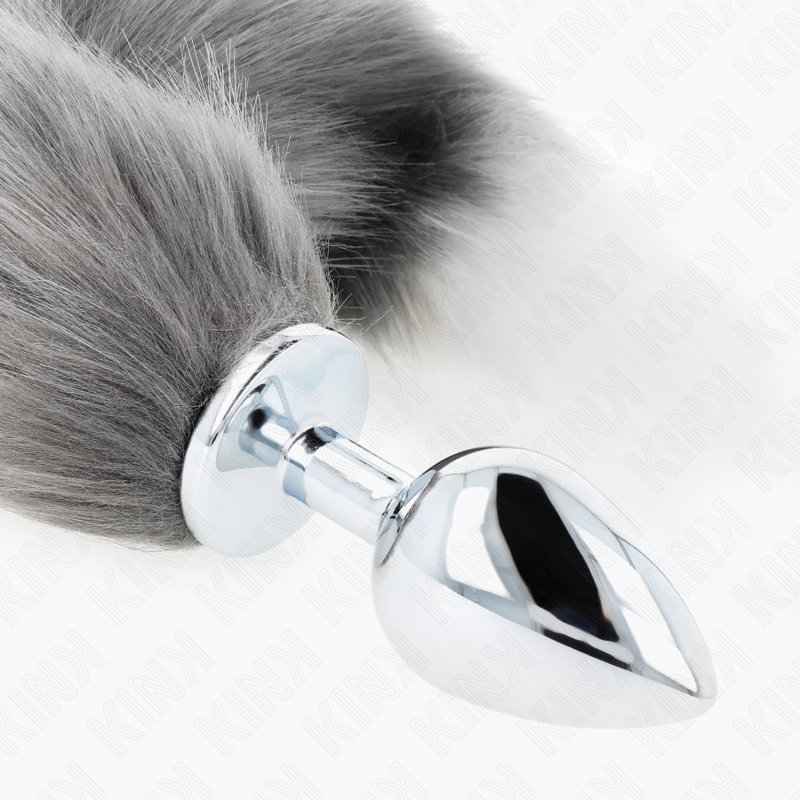 KINK - PLUG ANALE L 10 X 4 CM CON CODA SINTETICA 40 CM GRIGIO E BIANCO – Plug anale BDSM – foto 4