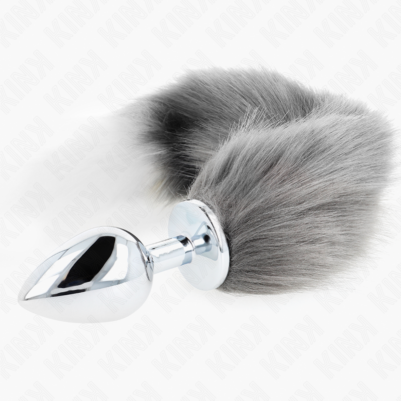 KINK - PLUG ANALE L 10 X 4 CM CON CODA SINTETICA 40 CM GRIGIO E BIANCO – Plug anale BDSM – foto 3