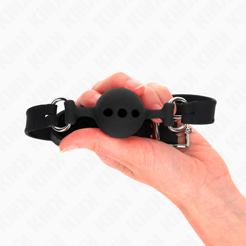 KINK - BAVAGLIO IN SILICONE INTERO 55 x 2 CM CON SFERA DA 4 CM MISURA S NERO REGOLABILE 35-51 CM – Mascelle – foto 4