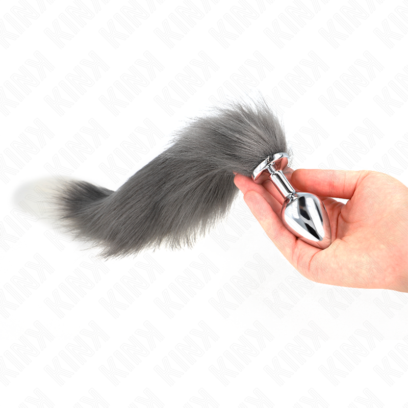 KINK - PLUG ANALE MISURA M 8 X 3,5 CM CON CODA SINTETICA 40 CM GRIGIO E BIANCO – Plug anale BDSM