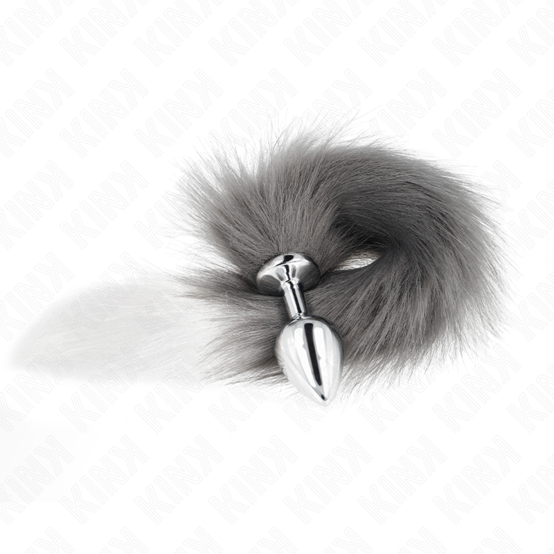 KINK - PLUG ANALE MISURA M 8 X 3,5 CM CON CODA SINTETICA 40 CM GRIGIO E BIANCO – Plug anale BDSM – foto 3