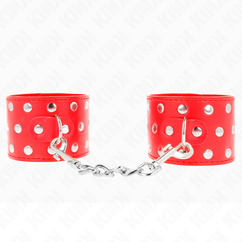 KINK - RESISTENZA DA POLSO CON CHIUSURA A SCATTO COMPLETA DI RIVETTI ROSSO REGOLABILE 19-24 CM X 5,5 CM – Sistemare le manette – foto 2